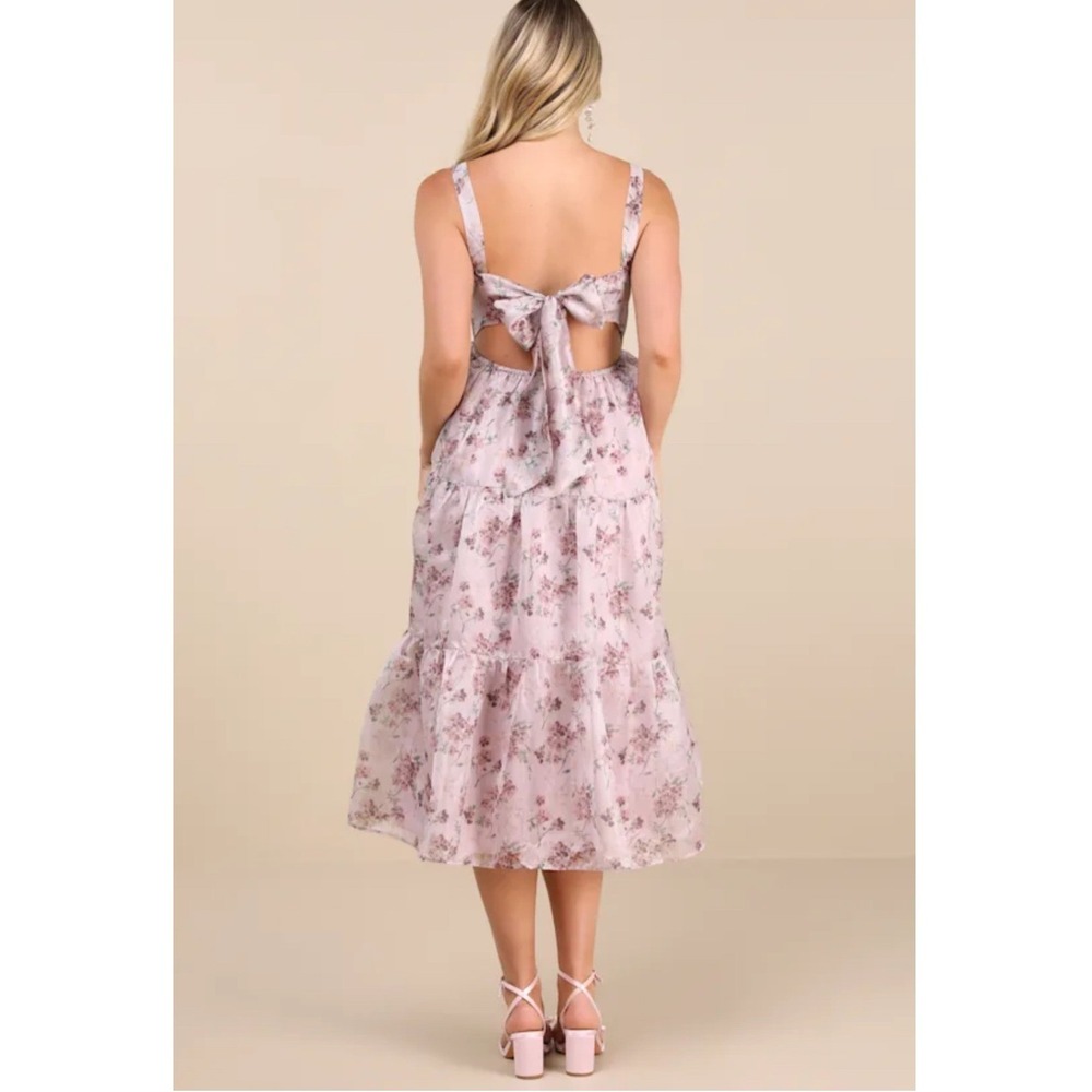 Lulus Marvelously Darling‎ Mauve Floral Organza Tiered Backless Midi Dress NWT S - Picture 2 of 13